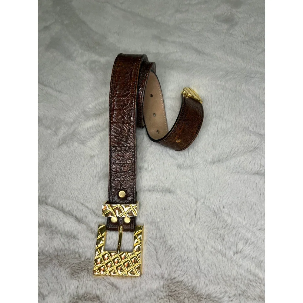 VTG Jo Ann's Leather Belt Gold Lattice Buckle Textured Brown 32